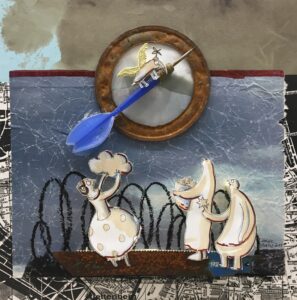 Reliefcollage mit Zeichnungen mit Blechdeckel
