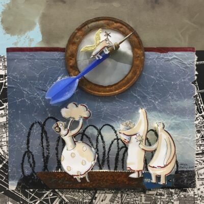 Heike Sistig Wollen und glauben 2014 Reliefcollage mit Zeichnungen mit Blechdeckel